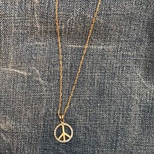 Gold Peace Sign necklace with diamond chips